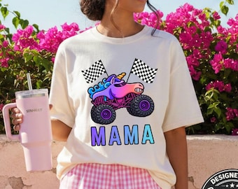 Mommy Blue Rainbow Sparkle Unicorn Smash Monster Truck Black and White Checkered Flags Custom Name Comfort Colors T-Shirt Jam Girl Family