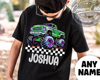 Custom Boys Monster Truck Family Matching Shirts, Personalized Name, Mama Daddy Kids Shirt, Comfort Colors, Five Year Old - Checkered Flag
