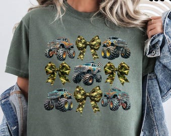 Camo Bows and Monster Trucks T-Shirt - Comfort Colors Women's Coquette Monster Truck Jam Tee - Mud Dirt Squad Ladies Shirt - Camoflage Bow