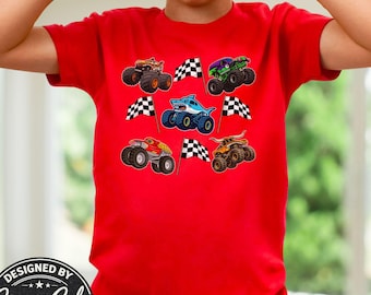 Boys Race Car Birthday Party Shirt, Monster Truck Jam Shirt for Boys, Checkered Flag Racing Trucks Tee,  Family Matching Girl Checkered Bows