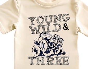 BoysThird Birthday Monster Truck Theme Old School Young Wild Free Party Family Matching T-Shirt Front Back Custon Print  Name Age Boys girls