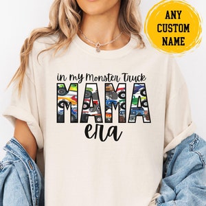In my Momster truck Mama Era Matching Unisex Vintage Mama Dada Comfort Colors Long Sleeve Short Sleeve Boys Birthday Party Themed tshirt New mom baby shower boy gender reveal gift. Personalized name  Mimi Auntie Dad Papa Nana. Monster Truck Jam Pit