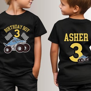 Model is wearing Comfy T-Shirt Monster Truck Shark bigTiresTeethblackwhite checkered flags Birthday boy Family MatchingCustom Personalized Blue yellow Front Back Name Age Number Party