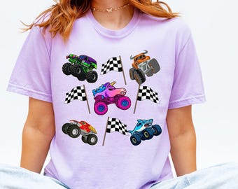 Monster Truck Jam Shirt, Matching Family Outfit, Vibrant Fun Racing Theme Tee, Mama and Mini Shirt, Comfort Colors Tee, Checkered Flags Bows