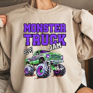 monster truck jam green purple family matching personalized name Mama dad girl boy son daughter mom grandma black and white checkered flag big tires event