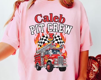 Family Firetruck Boy's Girl's Birthday T-Shirt: Custom Name Age, Pit Crew - Firehose Firefighter Custom Black and White Checkered Fire Tee