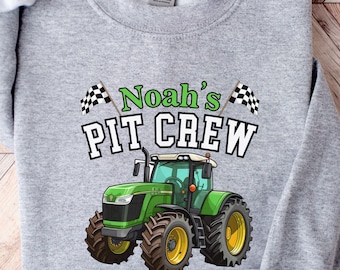 Green Deere Farm Tractor Birthday Party Sweatshirt - Family Matching Celebration Event Design - Checkered Flags - Custom Name