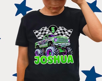 Monster Truck Boys Birthday Party T-Shirt - Custom Name Family Matching Shirt - Personalized Age Number - Green Truck Black White Checkered