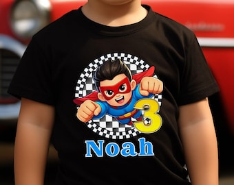 Boy Personalized Birthday Party Superhero Crew Colorful Boy's T-Shirt, Custom Age Number Party Tee Family Matching Red Blue Mom Dad Flying