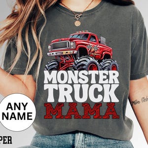 Monster truck jam mama dad daddy mon Custom personalized name red truck T-Shirt black and white checkered flags custom colors soft comfy Tee event family matching shirts grandma grandpa son boy girl