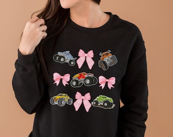 Sudadera con lazo de Monster Truck Jam / Conjunto a juego para madre e hija / Camiseta rosa de Monster Truck para niñas / Suéter con estampado de camiones para niños pequeños