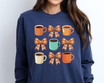 Coffee Cups Mugs & Fall Plaid Bows Comfort Colors Tee - Coquette Graphic Shirt - Fall Colors Long Sleeve Cozy Tee - Latte Hot Apple Cider