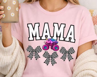 Custom Name Monster Truck Mama T-Shirt, His Hers Couples Kids T-Shirts, Sparkle Unicorn Smash Truck, Checkered Flags Race Coquette Bows Fun