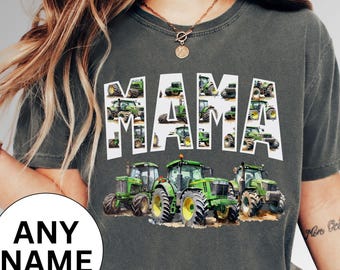 Custom Name Green Tractor Comfort Colors T-Shirt - John Farm Theme Deere Family Matching Birthday Mothers Day Personalized Decorative Letter