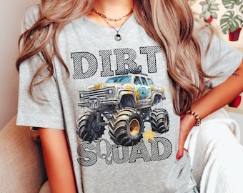 Retro Monster Truck Jam Boy Mama Family Matching Event T-Shirt: Dirt Squad Big Rugged Vehicle Tires Wheels Crash Jump Smash Family Shirt