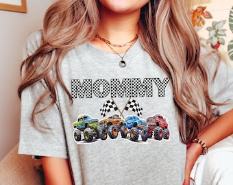 Monster Truck Mommy T-Shirt - Personalized Birthday Boy Mama - Black and White Checkered Letters Flags Matching Family Pit Crew Party Tee