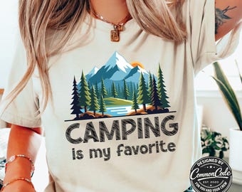 Family Camping Mom's T-Shirt - Camping is my Favorite - Mountain Lake Snow Capped Nature - Family Camp Adventure Matching Trip Tee Dad Kids