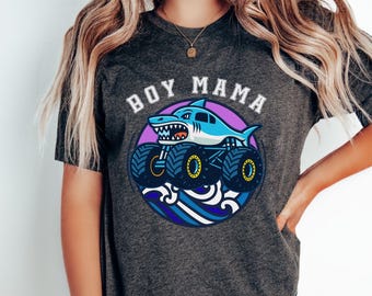 Boy Mama Ocean Theme Nautical Custom Name Great White Shark Monster Truck T-Shirt - Boy Child Kids Fun Party Tee Blue Sea Family Matching