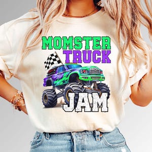 Momster Truck Jam Monster Truck Comfort Colors T-Shirt black and white checkered flag purple green gravebig tires digger  family matching dadster kidster even birthday boy dude