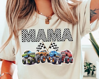 Monster Truck Boy Mama T-Shirt Personalized Birthday Boy: Black and White Checkered Letters and Flags Matching Family Pit Crew Party Tee