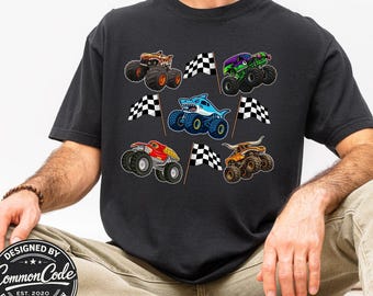 Men's Cartoon Monster Trucks and Checkered Flags Shirt, Matching Family Outfit, Vibrant Fun Racing Theme Tee, Daddy Comfort Colors Tee