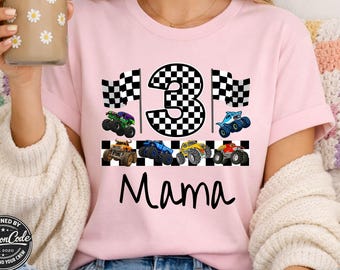 Personalized Monster Truck Boy Mama Shirt, Custom Mom and Son Monster Truck Party Shirt, Birthday Black and White Checkered Flags Number