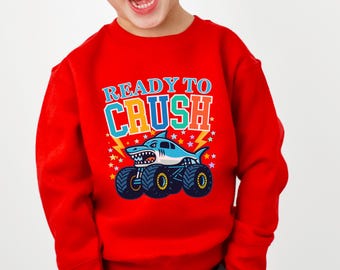 Kid's Monster Truck Jam Sweatshirt, Shark Megalodon Blue Monster Truck, Sparkle Unicorn Pink Truck, Family Matching Shirts Ready To Crush