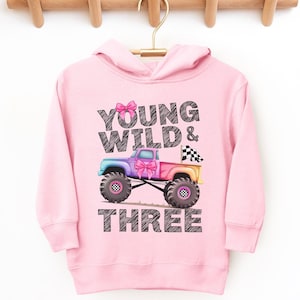 Bluza z kapturem dla dziewczynki na 3 urodziny, Young Wild Three Third 3, Monster Truck Jam, Croquette Pink Bow, Hot Cars Wheels, prezent urodzinowy 4x4