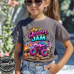 Pictured is a young girl wearing a dark gray t-shirt with a colorful graphic featuring a unicorn monster truck, checkered flags, and the text "Queen of the Jam."  The text "Designed by Common Code" is in a circle to the left of the image