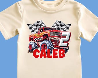 Two Year Old Second Birthday Red Monster Truck Theme Boys Family Party T-Shirts - Cusom Name Number Black White Checkered Flags One Side Tee
