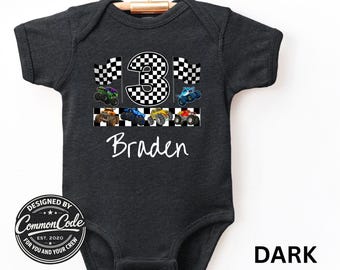 Personalized Monster Truck Birthday Boys Bodysuit, Custom Monster Truck Boys Pit Party Shirt, Birthday Gift for Boys Any Age, Race Day Tee