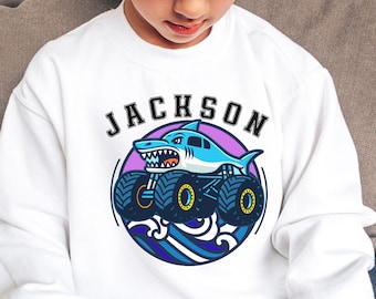 Boy and Mom Sweatshirt  | Mama’s Boy Custom Monster Truck Jam Shirt | Shark Monster Truck Birthday Outfit | Personalized Boy Sweatshirt Gift