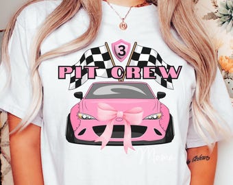 Comfort Colors Pink Pit Crew Race Car T-Shirt: Family Matching Motorsport Tee - Custom Pink Rally Car Tee Shirt with Checkered Flags Number