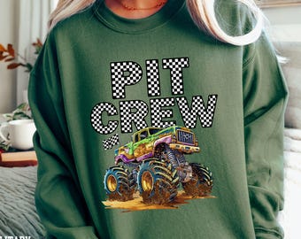Monster Truck Jam Sweatshirt: Pit Crew Birthday Party Theme Family Sweater - Black and White Checkered Font and Flag - Special Occasion Top