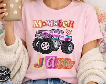 Momster Jam Boy mama Monster Truck T-shirt - Scrapbook Letters Family Dadster Kidster Boy Girl Pink His Hers Checkered Flag Bella Tee