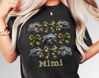 Camo Bows and Monster Truck Mimi Comfort Colors T-Shirt, Personalized Mommy and Me Tee - Monster Truck jam Custom Name Shirt - Coquette tee