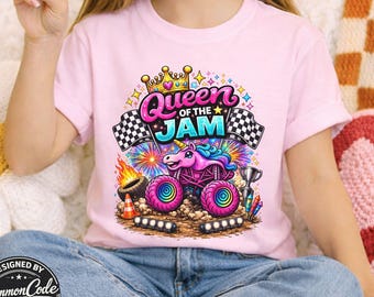 Girl's Monster Truck Jam Family Matching T-Shirts, Queen of the Jam, Race Day Birthday Party Tees Comfort Colors Adults & Kids