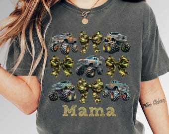 Camo Monster Truck Mama Coquette Bows T-Shirt, Comfort Colors Personalized Custom Name Mommy and Me Tee Jam Special Event Trending Style