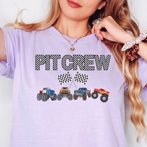 Monster Truck Jam Pit Crew Crop Top Birthday Party Boy Mama, Comfort Colors Boxy Tee, New Mom Baby Shower Gift Group Checkered Flags Letters
