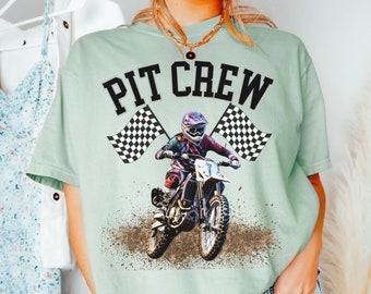 Boy Mama Motocross Motorbike and Rider Racing Comfort Colors Pit Crew Birthday T-Shirt with Big Black White Checkered Flags Race Event Tee