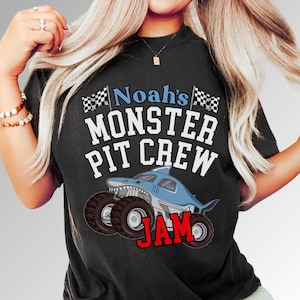 Model Mom is wearing a super comfy comfort colors monster truck jam theme T-shirt. Boy's birthday or Family matching event tee perfect for making memories and making everyone happy. Momma Daddy Son Daughter Adult and child sizes in an assortment of great colors