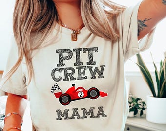 Pit Crew Mama Red Race Car T-Shirt - Boys Birthday Shirt For Mom - Checkered Flag With Indy Style Race Car - Front Back Print Name Number