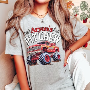 Custom Pit Crew Red Monster Truck Birthday Shirt: Matching Family Race Car Tee