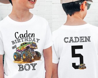 Boy's Monster Truck Custom Name and Number Tee with Front Back Print Birthday T-Shirt: Girls Family Matching Racing Team Checkered Flags