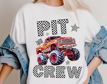 Monster Truck Mama Boys Fourth Birthday Party T-Shirt Red - Custom Family Matching PIT CREW Checkered Letters Stars & Flag Front Back Print
