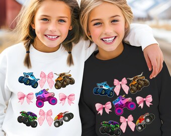 Monster Truck Mommy and Me Sweatshirts – Pink Bow Girl's Power Matching Outfits Sparkle Unicorn Rainbow Family Ladies Coquette Shark Bull