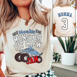 Model Mom is wearing a custom 2-Sided Monster truck Jam theme family matching boys birthday T-shirt great white shark big tires wheels  black and white checkered flags big event party tee perfect for a pit crew bday personalize with your name and number (age of the birthday kid - boy or girl). Adult and child sizes in assorted colors. So when its time to make your little one's day even more special by getting matching shirts, this is a great one