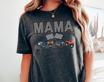 Monster Truck Mama Pit Crew T-Shirt: Birthday Party Theme Black and White Checkered Letters Font and Flags - Family Matching Custom Name Tee