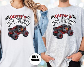 Magliette personalizzate per la festa di compleanno del bambino a tema Monster Truck per i genitori • Magliette abbinate per la famiglia Pit Crew con bandiere a scacchi bianche e nere e camion Bone Crusher