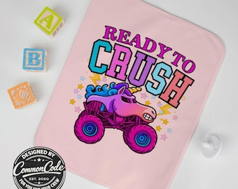 Baby Girl Monster Truck Baby Burp Cloth Sparkle Unicorn Smash Truck 12" x 16", Baby Girl Gift, Girl Baby Shower Gift, Newborn Girl Mom Gift